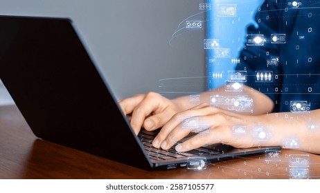 Corporate digital transformation, business executive using a laptop with futuristic data interface