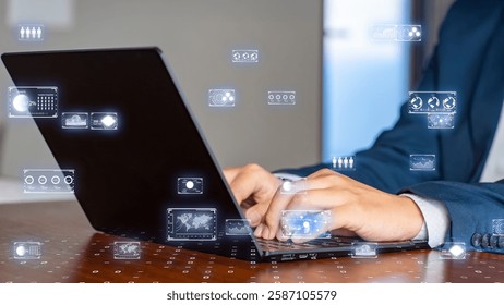 Corporate digital transformation, business executive using a laptop with futuristic data interface