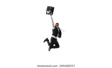 Corporate environment. Dressed in formal attire, worker jumps with briefcase against white studio background. Concept of business, modern work culture, success, start-up, fashion and style. Ad - Powered by Shutterstock