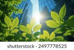 Corporate ESG reporting and nature awareness concept with green elements and business buildings. Copy space for text.