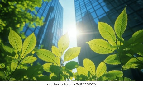 Corporate ESG reporting and nature awareness concept with green elements and business buildings. Copy space for text.