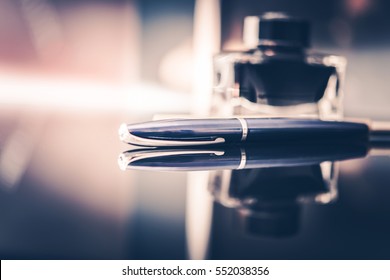 Corporate Executive Desk. Elegant Stylish Glassy Desk with Fountain Pen For Documents, Contracts and Checks Signing - Shutterstock ID 552038356