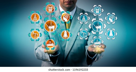 Corporate Executive Presenting A Digital Twin Of An Offshore Oil Drilling Platform. Industry And Technology Concept For Virtual Copy, Digital Transformation, Virtualization And Industrial Internet.