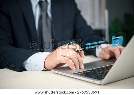 Corporate executive processing big data analysis using cloud computing platform software development networking database management optimization futuristic interface.