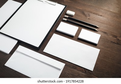 Corporate Identity Mockup. Blank Stationery Set On Wooden Background. Responsive Design Template.