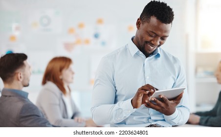 Corporate Man And Business News On Tablet For Career Development Convention Social Media Marketing. Young Black Person Busy With Online Research For Exciting Workshop For Office People.