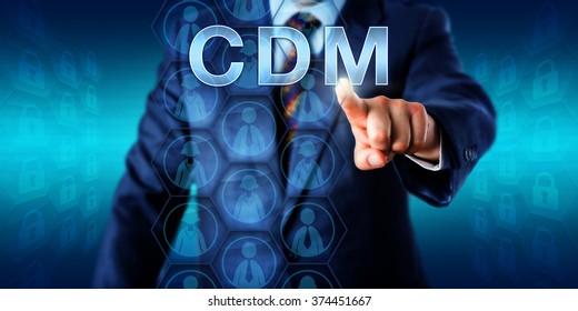 Corporate manager is pressing CDM onscreen, while organizing female and male business customer icons in a hexagonal data set matrix. Business and technology concept for customer data management.