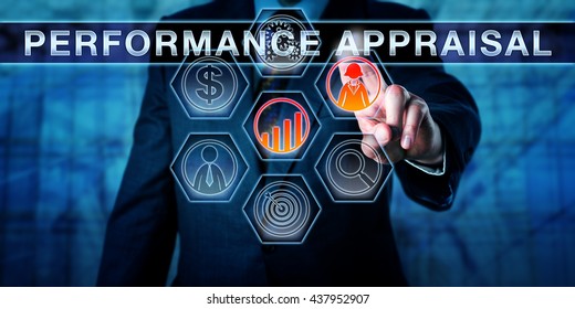 Corporate manager is pressing PERFORMANCE APPRAISAL on an interactive touch screen interface. Business process concept for performance review, employee appraisal and career development discussion.