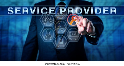 Corporate Manager Is Pressing SERVICE PROVIDER On An Interactive Touch Screen Interface. Business Model Metaphor And Information Technology Concept For A Supplier Of Outsourced Managed Services.