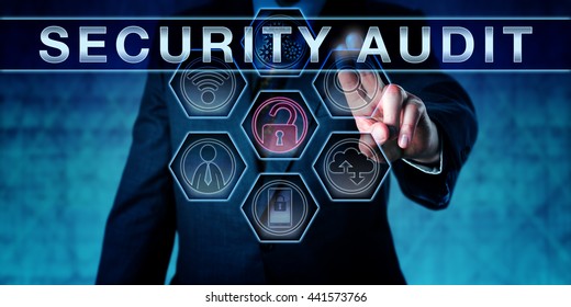 Corporate IT Manager Pushing SECURITY AUDIT On An Interactive Virtual Touch Screen Monitor. Business Challenge Metaphor And Information Security Concept For Vulnerability Scan And Network Analysis.