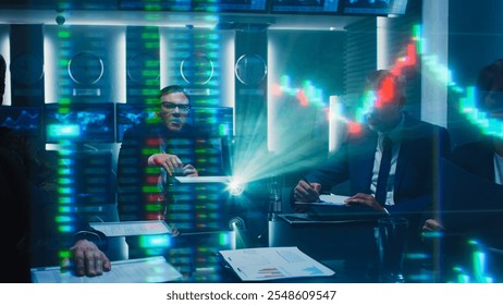 Corporate Meeting With Diverse Team Analyzing Financial Data Showing by Holographic Projector. Business Professionals Discussing Numbers and Charts in Conference Room. Investors Work on Growth - Powered by Shutterstock