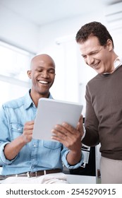 Corporate, men and tablet for web development in office, programming report and design feedback. People, reading and digital with creative proposal, maintenance solution and IT information of project