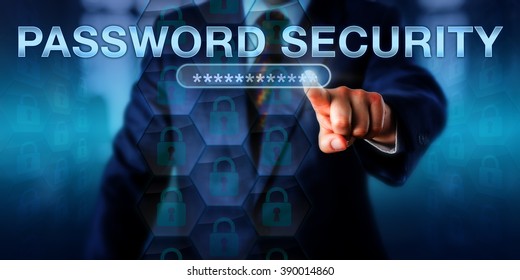 Corporate network user touching PASSWORD SECURITY on a virtual screen. Information technology and internet security concept for access protection via secure authentication and identification.