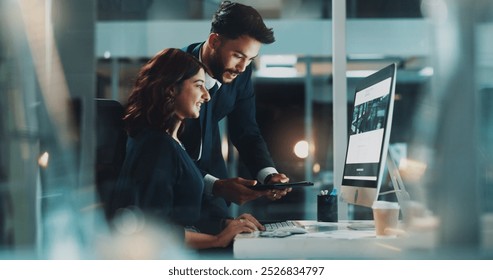 Corporate, night and technology with business people in office to search for location or venue. Collaboration, computer or tablet with smile of man and woman employee in workplace for web development - Powered by Shutterstock