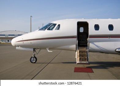 Corporate Private Luxury Jet At Airport Door Open