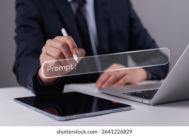 Corporate professional crafting AI prompt on digital device, perfect for innovation, future tech, and artificial intelligence training language model, and smart assistant.