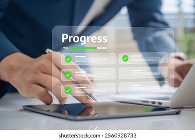 Corporate Progress Tracking with Digital Check Marks. Professional Using Tablet Interface to Monitor Task Completion, Emphasizing Productivity, Goal Management, Seamless Workflow and Data Tracking