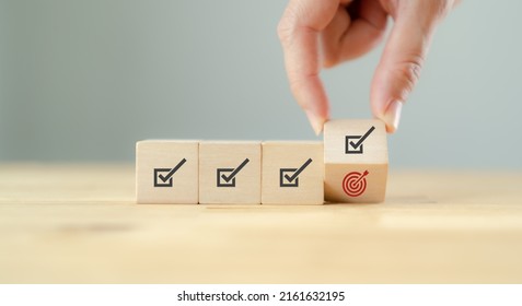 Corporate Regulatory And Compliance. Goals Achievement And Business Success. Project And Goals Tracking. Task Completion. Managing Project Timeline. Flipping Wooden Cube To Target Achievement Icon.