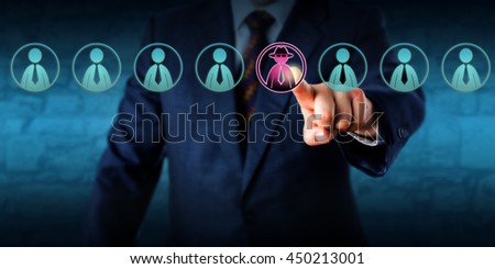 Corporate security manager identifies a potential insider threat in a line-up of eight white collar workers. Hacker or spy icon lights up purple. Cybersecurity and human resources challenge concept.