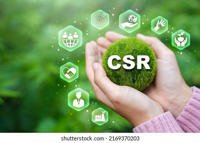 Corporate Social Responsibility And Community Giving Back CSR Icon Concept On Green Nature Background.