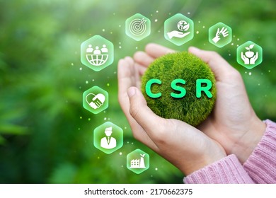 Corporate Social Responsibility And Community Giving Back CSR Icon Concept On Green Nature Background.