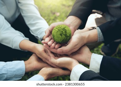 Corporate social responsibility CSR.World Environment Day. business hands holding the green world for the Sustainable Development Goals. Responsibility for the environment. Save and protect the world.