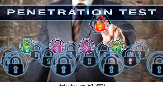 Corporate Software Tester Pushing PENETRATION TEST On An Interactive Screen. Information Security Concept For The Process Of Trouble Shooting For Potential Vulnerabilities, Risks And Cyber Attacks.