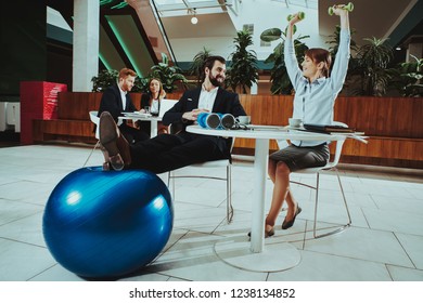 Corporate Sport Lifestyle. Healthcare Of Business People. Office Worker Working With Dumbbells. Woman Doing Fitness Exercises. Yoga Practice. Happy Office Managers. Man Balance On Ball.