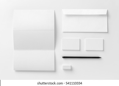 Corporate Stationery Set Mockup. Blank White Textured Brand ID Elements.