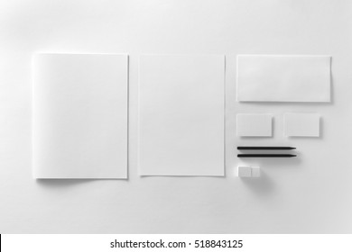 Corporate Stationery Set Mockup. Presentation Folder, Letterhead, Envelope And Two Business Cards At White Textured Paper Background. 