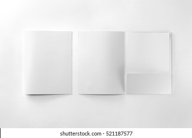 Corporate Stationery Set Mockup. Two Presentation Folders And Letterhead At White Textured Paper Background. 