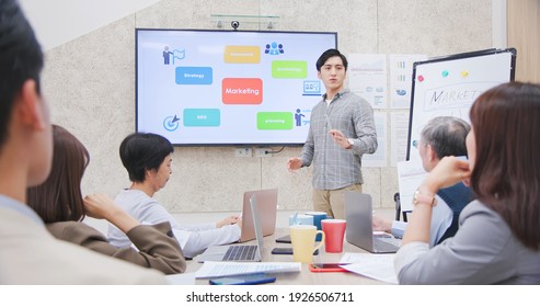 Corporate Teamwork - Young Asian Busineswoman Lead Group Of Business Startup Team In Strategic Meeting Presentation And A Young Man Ask Question