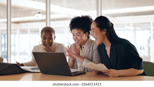 Corporate, women and applause with laptop, achievement and teamwork for project success, business deal and workplace. Team, staff and female employees clapping for new contract and digital marketing - Shutterstock ID 2264511411