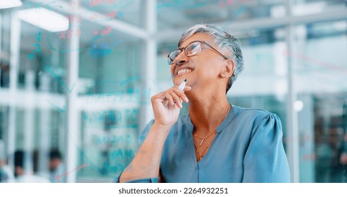 Corporate, writing and senior woman thinking, glass board and planning sales growth in modern office. Ceo, female entrepreneur and advertising agent make notes, project schedule or brainstorming idea - Powered by Shutterstock