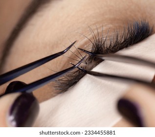 Correct application of 2d, 3d, 4d, 5d volume cluster fans artificial lashes. Eyelash Extension Direction Guide. Tips and tricks for application beauty salon procedure and treatment