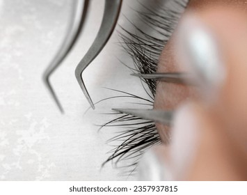 Correct application of 2d, 3d, 4d, 5d volume cluster fans artificial lashes. Eyelash Extension Direction Guide. Tips and tricks for application beauty salon procedure and treatment