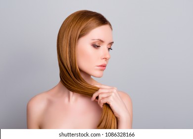 Correcting Hydration Moisturizing Prepare Purity Naked Shoulders Freshness Concept. Half-faced Portrait Of Beautiful Tender Gentle Lovely Gorgeous Woman Holding Strong Hair Isolated On Gray Background