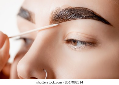 Correction and tint henna of eyebrows, master applies brush to woman marking on brow.