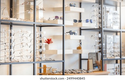 Corrective eye glasses on shelf in optical store, Row of spectacles on shelves in eyeglasses shop - Powered by Shutterstock