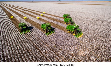 Correntina, Bahia, Brazil, February 26, 2019: Agriculture - Aerial frontal image of several arrow machines that harvest cotton in the field, with blue sky - Agribusiness