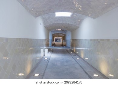 Corridor with the doors of the surgical area in the background inside of Hospital of the Holy Cross and Saint Paul (de la Santa Creu i Sant Pau)