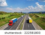 Corridor highway with the transition for animals, the highway ride colored and white trucks, in the background the city and forested mountains, view from above