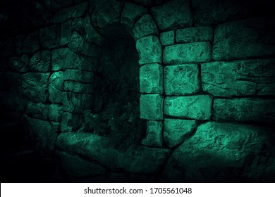 The corridor is horror, scary, darkness. Ghostly gloomy cave in the castle, alcove in the tunnel, entrance to the basement in the mystical night light of the moon with eerie strange shadows