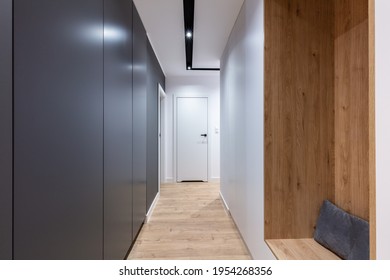 Corridor In Modern Design Apartment With Closet And Seat. Interior Design
