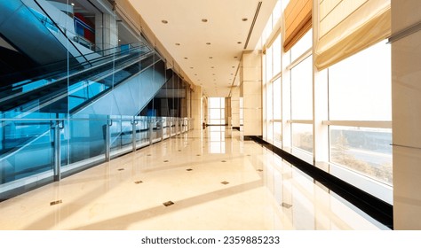 Corridor in office building with big window and curtains - Powered by Shutterstock