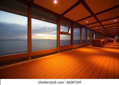 Corridor On Cruise Ship. Row Of Lamps. Beautiful View  Through Window.