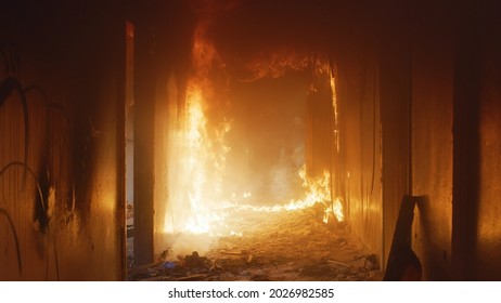 Corridor of a residential building in a flame of fire