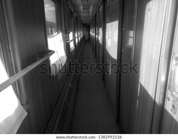 Corridor in the train\
compartment in Russia
