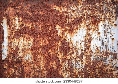 Corroded metal background. Rusted white painted metal wall. Rusty metal background with streaks of rust. Rust stains. The metal surface rusted spots. Rystycorrosion.	                   