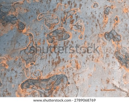 Corroded metal texture with rust bubbles and orange patterns. Abstract rust surface on blue gray steel showing organic corrosion shapes and rough metal detail for industrial background.